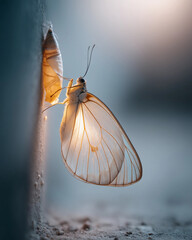 A butterfly is emerging from its cocoon