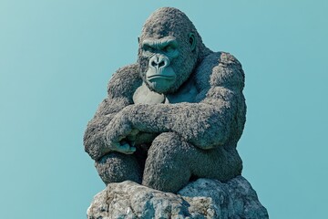 Fototapeta premium A formidable gorilla statue sits atop a rocky outcrop.