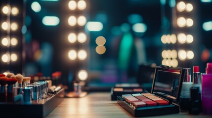 This makeup room features a vintage wooden table with neatly arranged beauty products, illuminated by warm lights in a large mirror, creating a stylish atmosphere