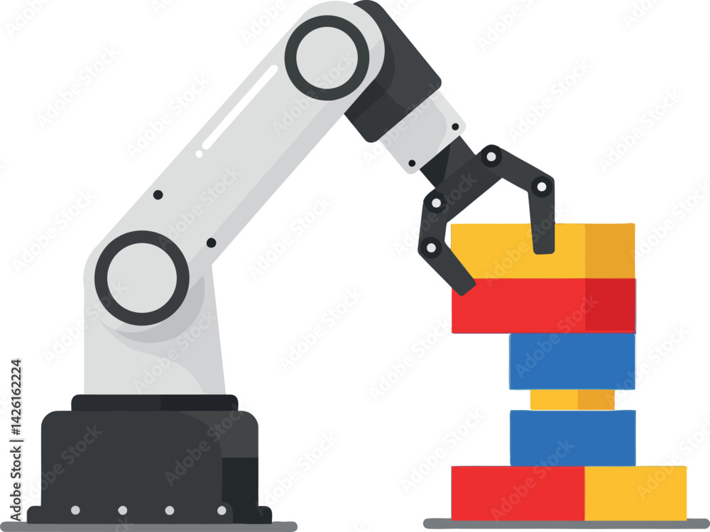 Poster industrial robotic arm assembling colorful blocks automation technology vector illustration
