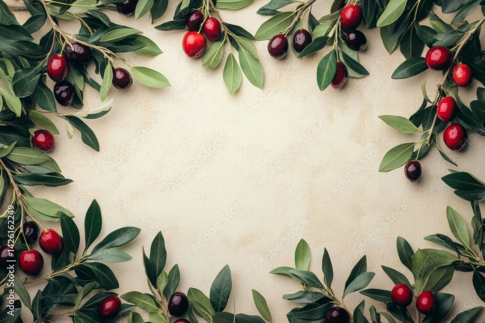 Poster fresh olives and leaves arranged beautifully on a light textured surface for a culinary display in a