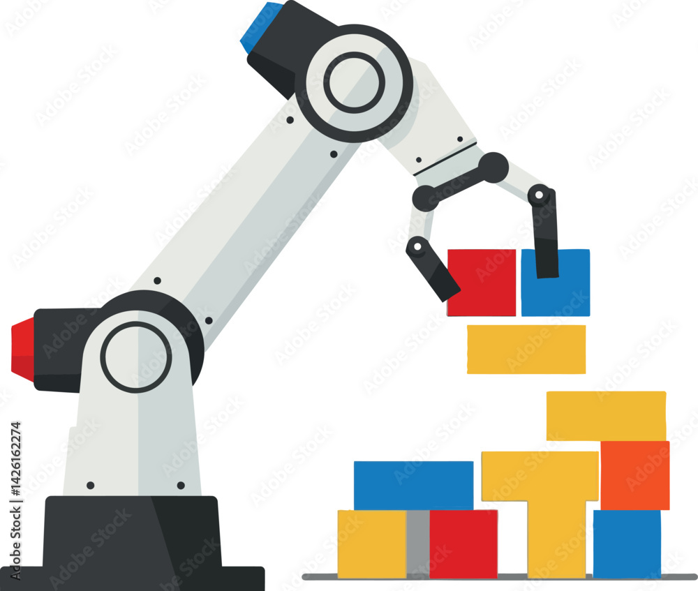 Poster industrial robotic arm stacking colorful blocks automation technology vector illustration