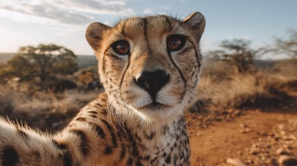 Obraz premium Close-up of curious cheetah in savannah at sunset