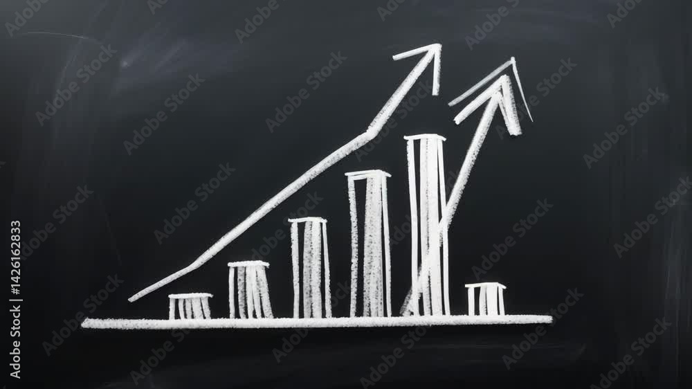 Poster white chalk hand drawing of an upward trending bar graph and arrow shape on the backdrop.