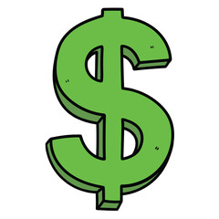 Hand drawn cartoon green dollar sign on white background.