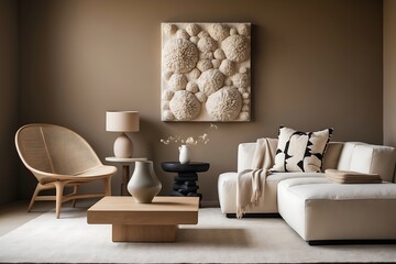 Neutral Tones Living Room Interior Design with Textured Wall Art