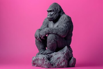 Fototapeta premium Gray gorilla statue sits on rocks against a vibrant pink backdrop.