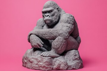 Gray gorilla sculpture seated on a rock against a pink backdrop.