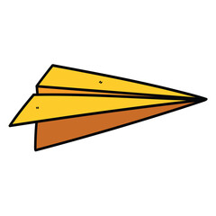 Hand drawn cartoon yellow origami paper airplane on white background.