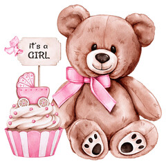 Cute Baby Bear with Cupcake, It&rsquo;s a Girl Watercolor Nursery Clipart
