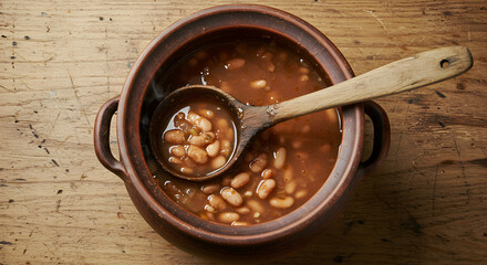 Rustic Baked Beans Served in an Earthenware Pot With a Wooden Ladle