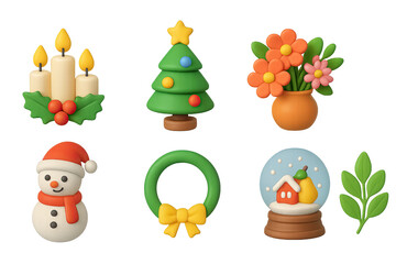 Christmas decorations icon set – 3d style holiday and festive symbols for seasonal design, winter decor, and celebration: candles, christmas tree, flowers, snowman, wreath, snow globe, mistletoe