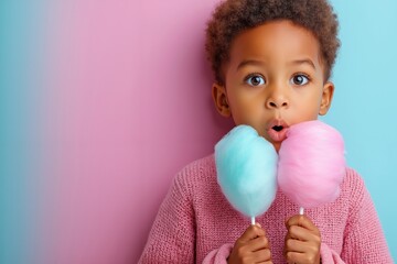 A little girl holding two cotton candy in her hands
