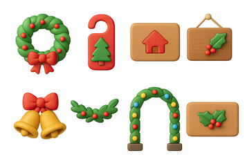 Christmas icon set – 3d holiday and festive symbols for seasonal decoration: wreath, door hanger, house sign, bells, garland, holly, arch