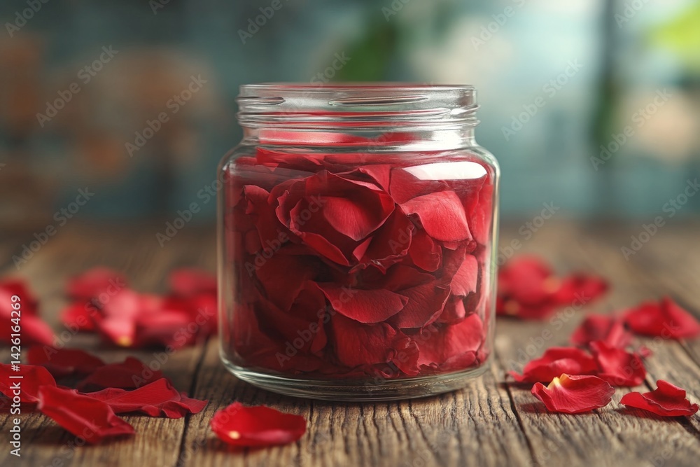 Poster jar filled with red rose petals placed on rustic wooden table with scattered petals around