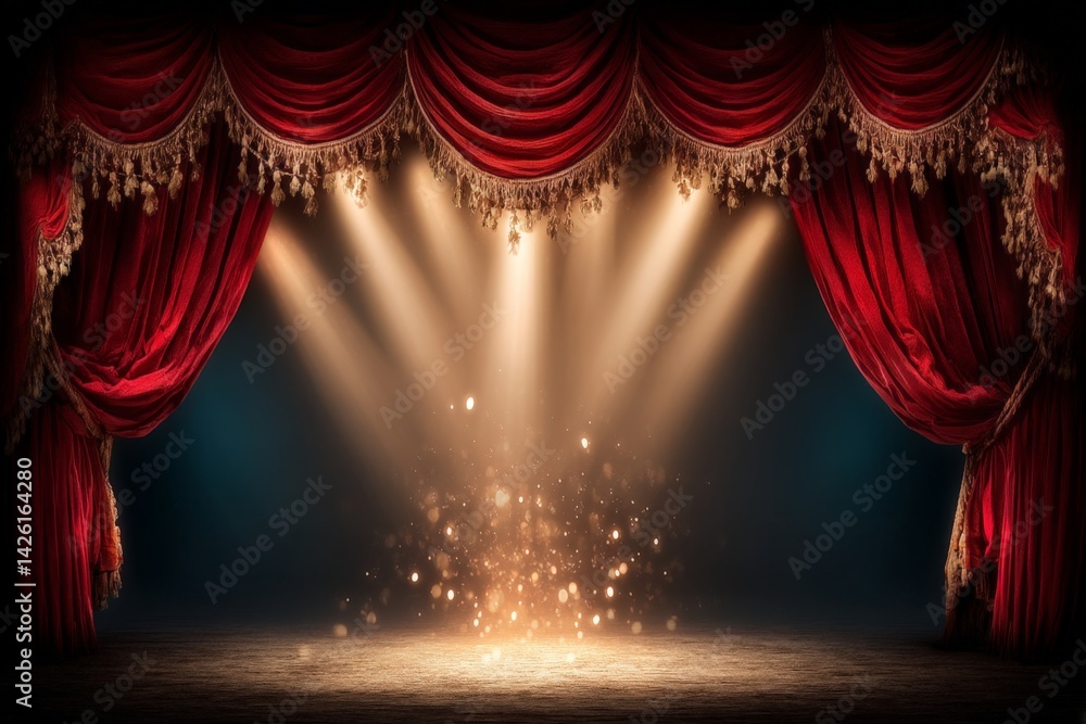 Poster elegant theater stage with red curtains and glowing lights creating a magical atmosphere for perform