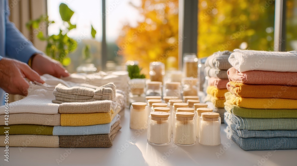 Aufkleber a cozy workspace features neatly folded fabrics and jars, illuminated by natural light, creating a w
