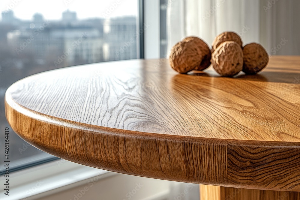 Poster natural wooden table surface showcasing decorative walnuts with a cityscape view in the background d