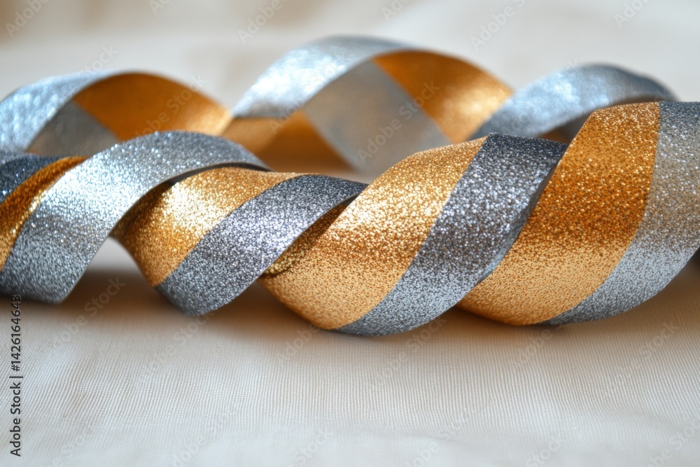 Poster Colorful twisted ribbon with silver and gold patterns for crafting and decorations during festive occasions