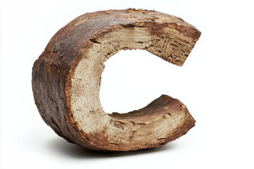 wooden letter C sculpture with natural texture and finish, showcasing its organic beauty and unique shape