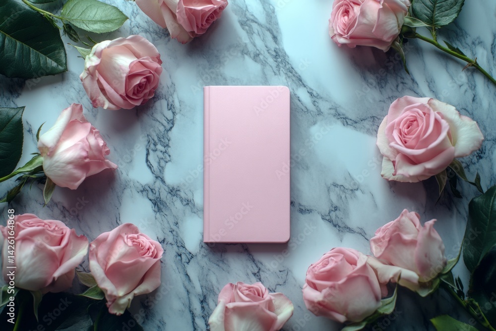 Poster pink notebook surrounded by soft pink roses on marble surface in a decorative arrangement for a crea