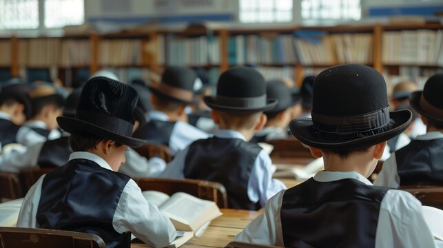 Yeshiva boys study Torah (Babylonian Talmud) at Ponobiz yeshiva, the most famous yeshiva in the world, Bnei Brak Israel 