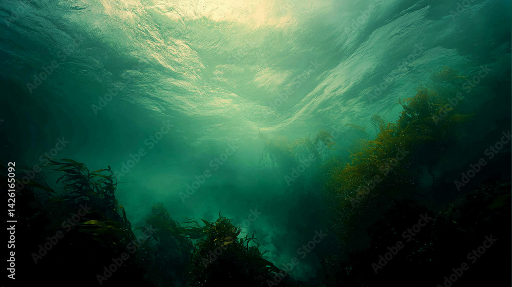Poster underwater scene showing green kelp forest with sunlight filtering from above, creating a mysterious
