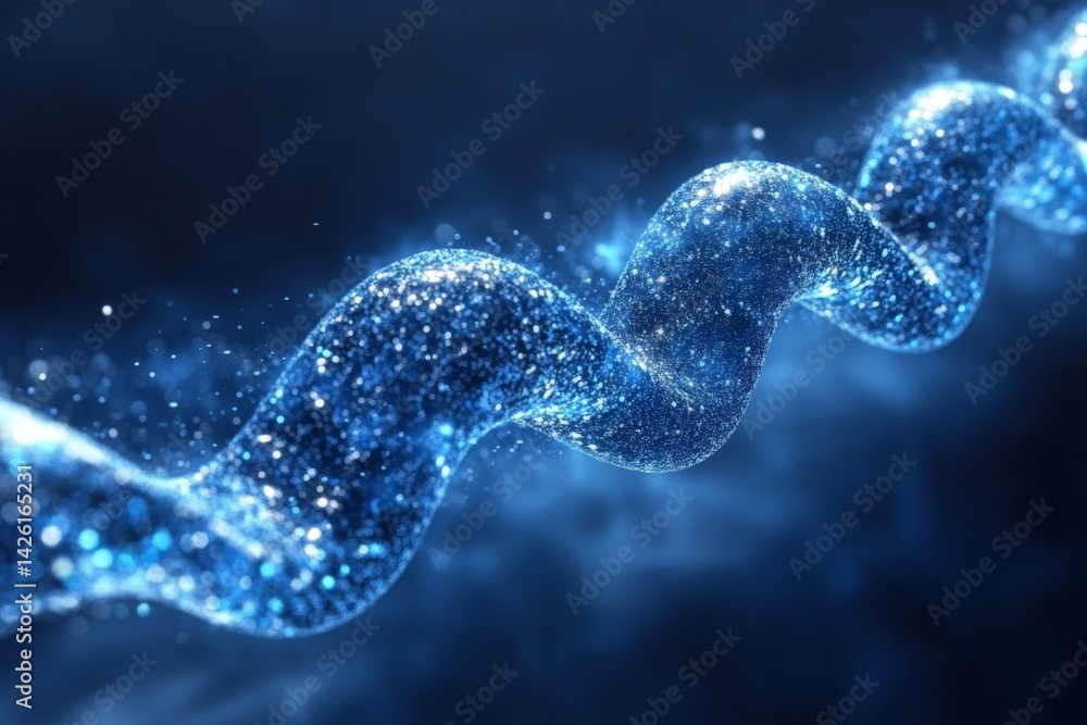 Poster abstract blue sparkling wave resembling a flowing ribbon of light in a dark background