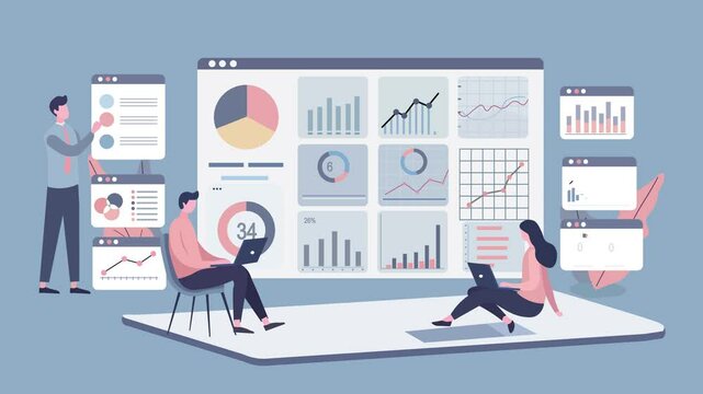 Business Analytics and Data Visualization in a Digital Modern Workspace. Large web page interface displays various graphs and charts. with Business people analyzing Insights and Performance. Flat Desi