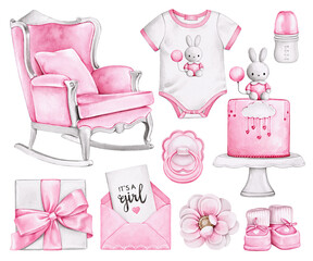 Newborn Girl Clipart Collection, Watercolor Bunny Outfit, Cake and Chair