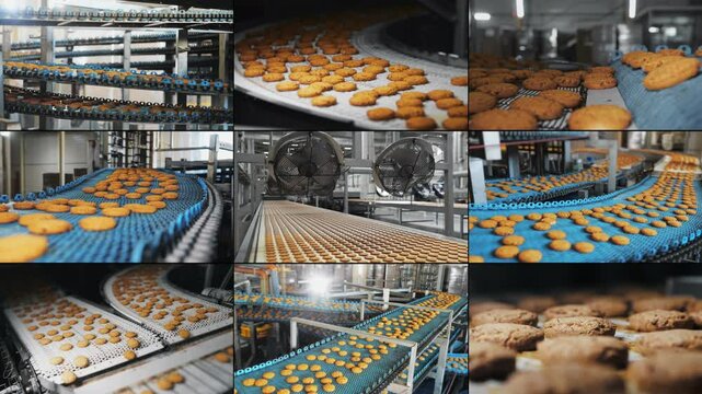 Multi Screen Collage of industrial food factory or bakery, cookies on automated production line or conveyor belt, confectionery plant or bakehouse. 
