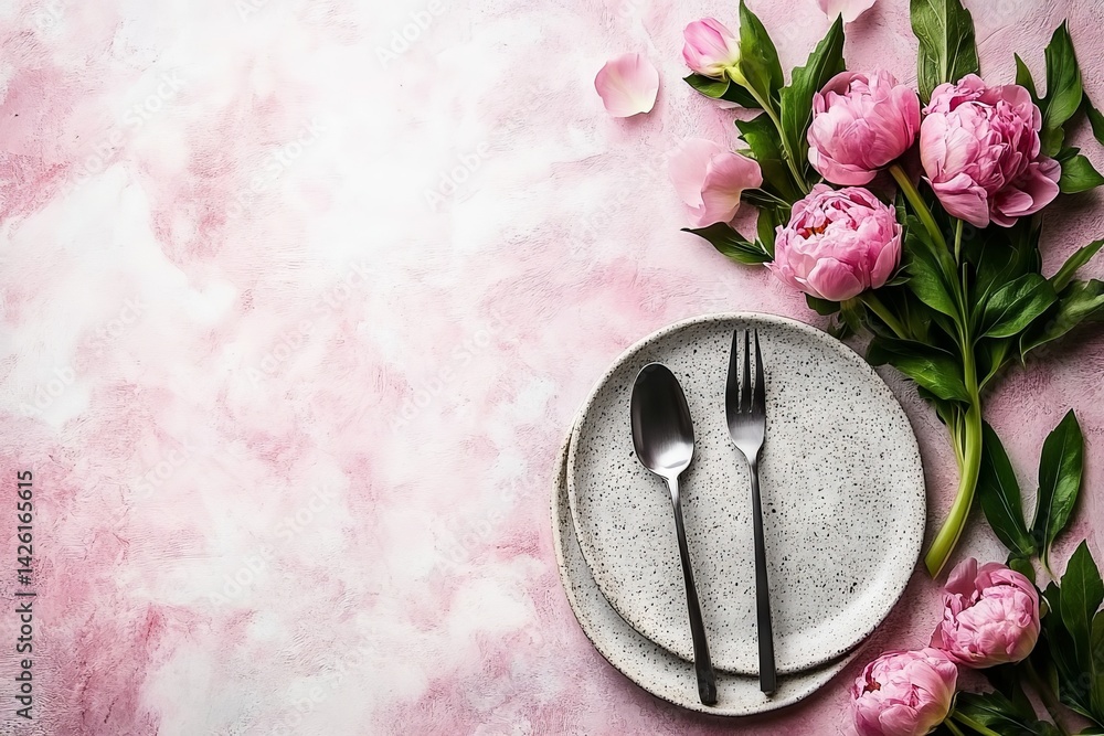 Poster elegant table setting with fresh peonies and cutlery on a textured pink background, perfect for a sp