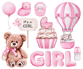 Sweet Baby Girl Set, Watercolor Teddy Bear and Balloons for Baby Shower