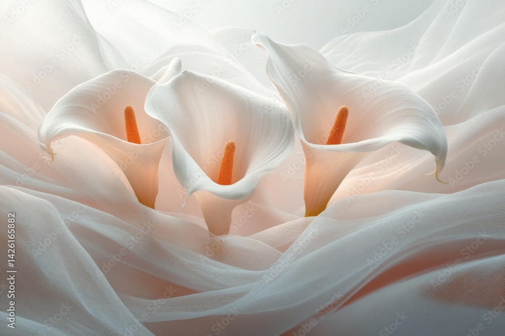 Poster delicate calla lilies arranged gracefully with soft fabric background in gentle light