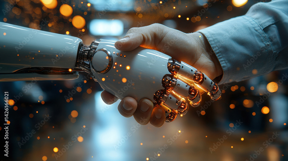 Poster collaboration between human and robotic hands symbolizes partnership in business decision-making wit