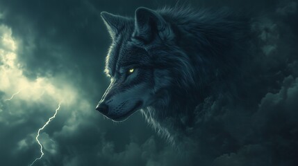 Majestic gray wolf's head emerges from stormy clouds, illuminated by a striking lightning bolt.
