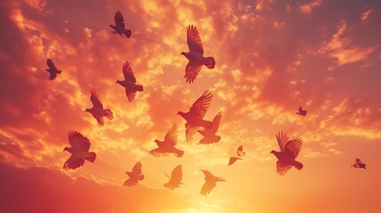 A flock of birds soaring against a vibrant sunset sky filled with orange and pink hues.
