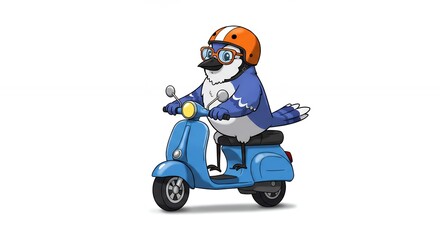 Cartoon blue jay riding scooter illustration