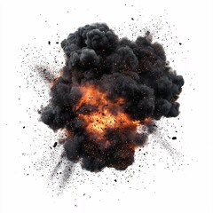 Dramatic 3D Explosion Scene with Black Smoke and Flying Debris