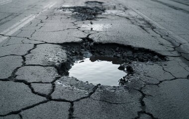 A close-up shot of a pothole filled with water in the middle of the road