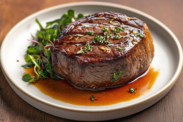 Succulent steak topped with rich sauce and fresh herbs on a sleek white plate.