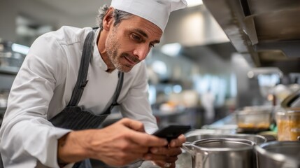 In a modern kitchen, a chef is engaged with a smart cooking assistant on a smartphone, integrating technology into meal preparation. This collaboration enhances culinary skills and efficiency