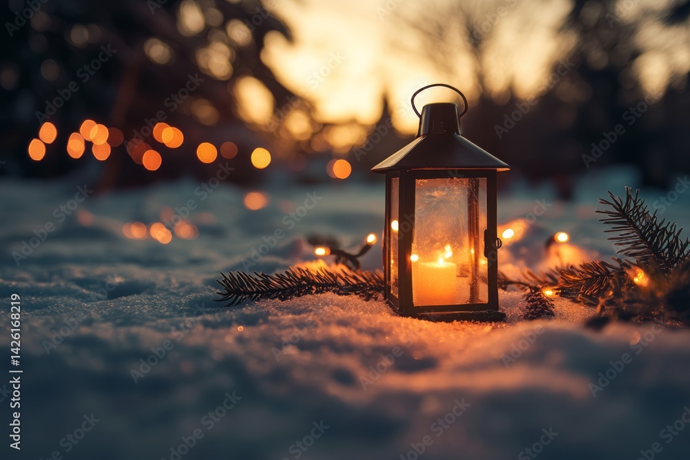 Poster A single lantern casts a warm glow against the backdrop of snow-covered evergreen branches, creating a tranquil and cozy winter evening atmosphere