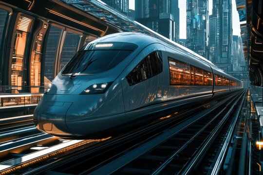 Sleek high-speed train preparing for departure in a futuristic cityscape at dusk