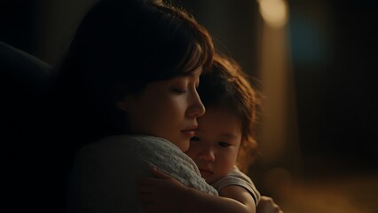A loving mother gently embraces her sleeping child in a moment of quiet tenderness and affection
