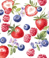 Fresh and Bright Watercolor Illustration of Berries with Floral Accents