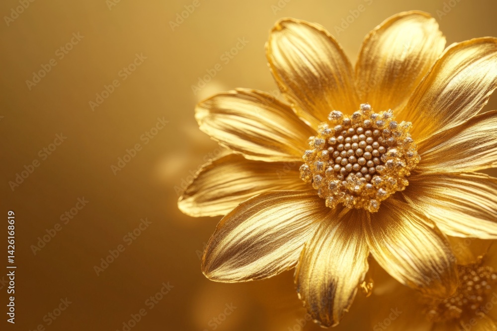 Poster golden flower close-up showcases intricate petal details and shimmering textures against a warm back