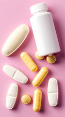Obraz premium Assorted pills and capsules spilled on pink background; healthcare, medicine, pharmacy concept