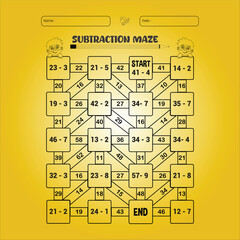 Subtraction maze puzzle worksheet for children