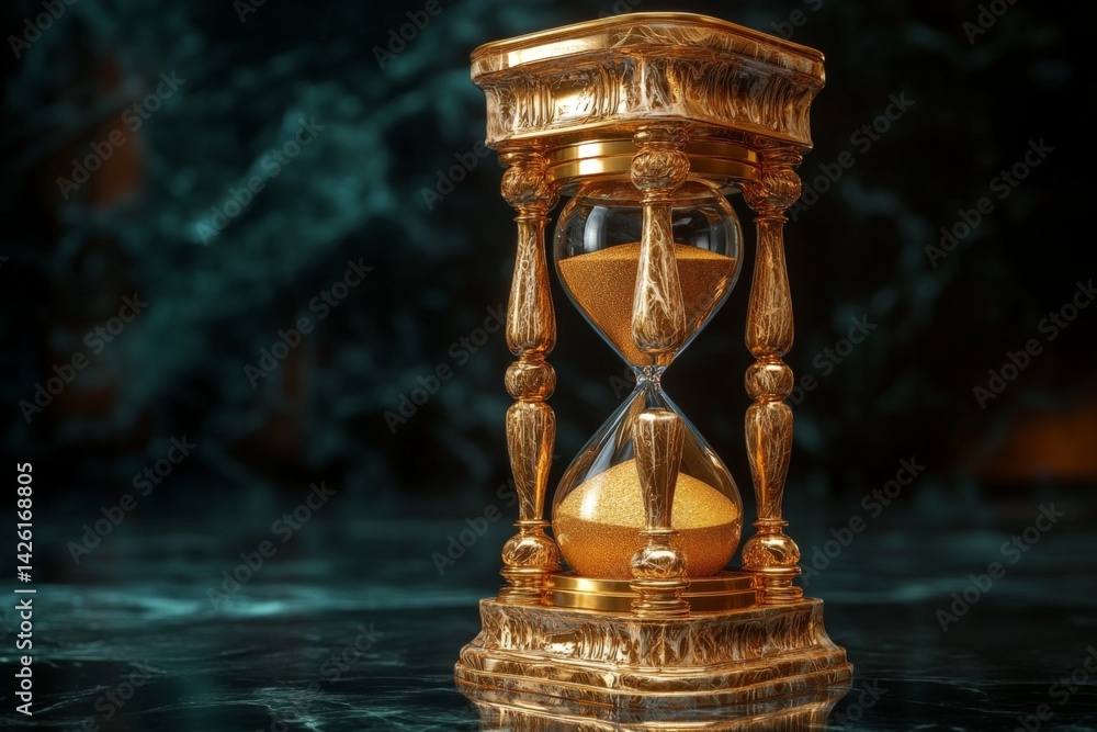 Poster elegant hourglass stands on a reflective surface, capturing the essence of time in a luxurious setti